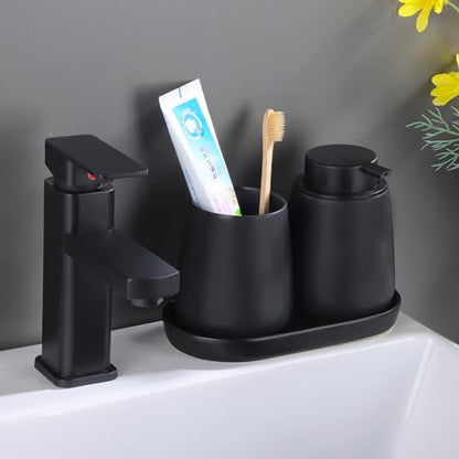 Matte Black Round Soap Dispenser Tray - 8'' Ceramic Vanity Tray for Bathroom Decorative, Jewelry Ring Dish, Comestic Holder, Kitchen Sink Countertop Organizer Plate