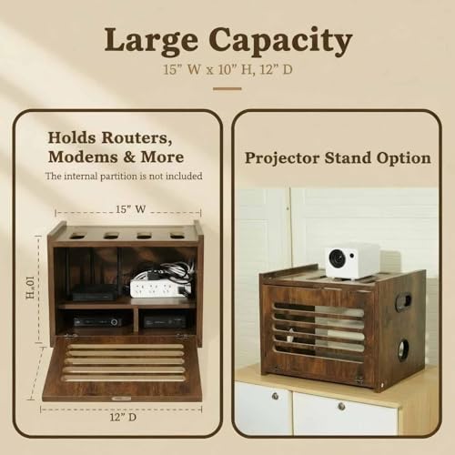 Wooden Router Box with Cable Management | WiFi Modem Storage Organizer Shelf with Ventilation Holes, Brown