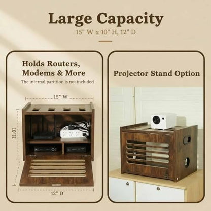 Wooden Router Box with Cable Management | WiFi Modem Storage Organizer Shelf with Ventilation Holes, Brown