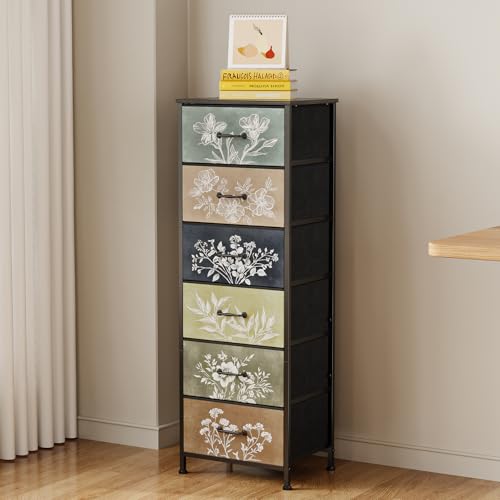 Vintage Dresser Vertical Nightstand with Neutral Botanical Plant Fabric Chest Drawers for Closet Bathroom Storage Tower Unit Bed Side Organizer Farmhouse Rustic (Multi, 6 Drawers)