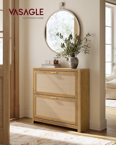 VASAGLE ELLAN Collection - Boho Shoe Storage Cabinet for Entryway Slim, Entry Shoe Cabinet with Rattan-Look Flip Drawers, Rounded Corners, Narrow for Entrance, Natural Brown UHSC601KC01