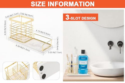 Toothbrush Holder, Luxurious Metal Toothbrush Toothpaste Holder with Marble Base for Bathroom, Multi-Slots Openwork Design, Bathroom Accessory for Storage and Organizer (Large, Gold)