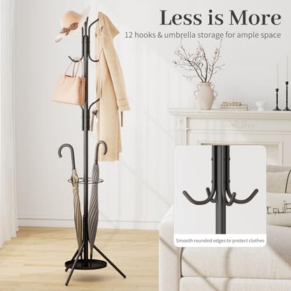 Coat Rack Freestanding,Metal Coat Tree with Umbrella Holder,Hat and Coat Rack Stand for Entryway, Hallway, Living Room, Bedroom (Black)