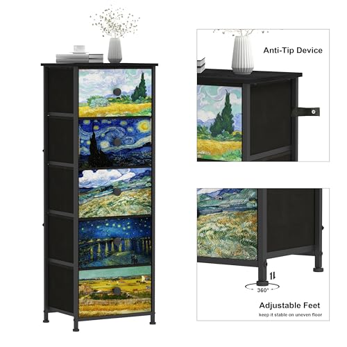 Dresser with 5 Drawers Narrow Tall Nightstand Van Gogh Dresser for Bedroom Fabric Drawer Organizer Unit for Living Room Entryway Hallway Closet Sturdy Steel Frame Wooden Top