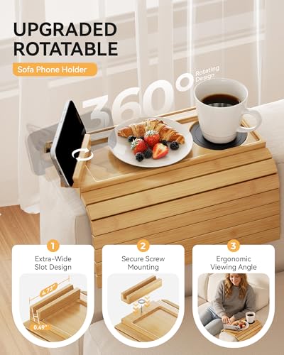 Yofidra Couch Armrest Table, Bamboo Sofa Arm Tray with 360° Rotating Phone Stand, 3 in 1 Foldable Couch Cup Holder with Non-Slip Pad, Sofa Organizer for Drink Remote Phone Snacks, Yellow