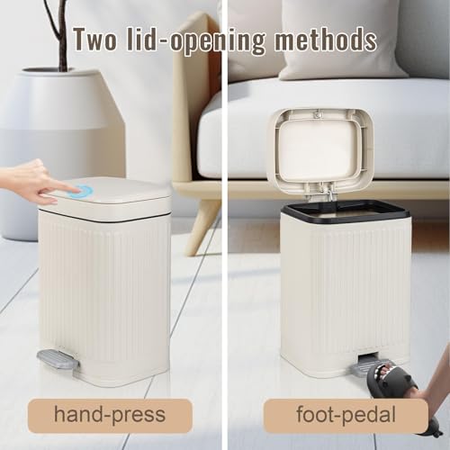 Small Bathroom Trash Can with Lid, 2.1 Gallon Soft Close Step Can, Cream | Slim Garbage Can with Pedal for Office, Bedroom & Kitchen, Narrow Plastic Waste Bin Container for Small Spaces