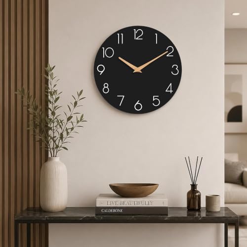 cicininc 10 Inch Battery Operated Wall Clock, Silent Analog, Black | Living Room | Kitchen | Office | Bathroom | Modern Style | Easy-to-read Numbers