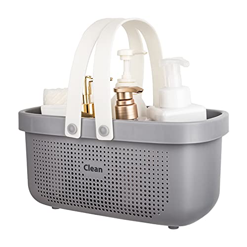 Plastic Storage Basket with Handle Portable Shower Caddy Tote Organizer Basket Bin for Bathroom Kitchen Dorm Room Bedroom, Gray | Sturdy Drainage Large Capacity Organizer Basket with Silicone Handles for Bathroom Kitchen Bedroom College Dorm Essentials