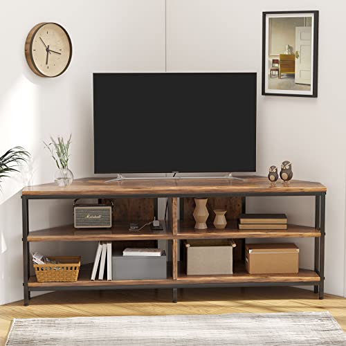 MUTUN Corner TV Stand with Power Outlet, Corner Entertainment Center for 32 43 50 55 60 Inch TV, Industrial Media Console Table for Living Room Bedroom, 55 Inch, Rustic Brown