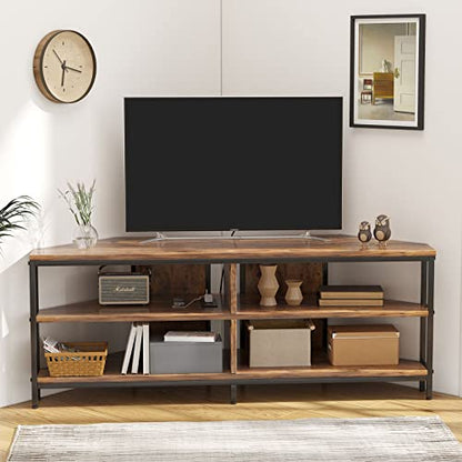 MUTUN Corner TV Stand with Power Outlet, Corner Entertainment Center for 32 43 50 55 60 Inch TV, Industrial Media Console Table for Living Room Bedroom, 55 Inch, Rustic Brown