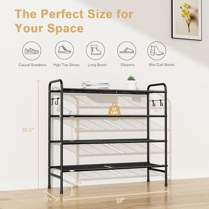 VILICK 4-Tier Shoe Rack 33" Wide Metal Shoe Organizer Long Shoe Storage with 4 Side Hooks Sturdy Shoes Shelf for Closet, Front Door Entrance, Garage, Dorm, Black