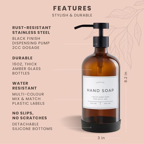 Hand and Dish Soap Dispenser for Kitchen and Bathroom, Set of 2 16 Oz Glass Bottles, Stainless Steel Pumps, Non-Slip Silicone Base, 27 Waterproof Labels (Amber Bottle/Black Pump)