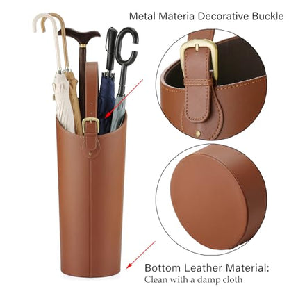 Brown Artificial Leather Tall Umbrella Holer Entryway Indoor for Business Office,22.4 Inch Umbrella Stand Entryway with Removable Water Tray 2 Hooks