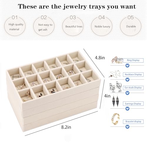Velvet Jewelry Organizer for Drawer, Stackable Jewelry Drawer Inserts in Dresser, 8in Beige Storage Display Case for Rings Stud Necklaces Accessories, Set of 4