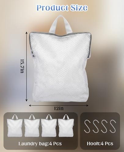 4 Pcs Mesh Hanging Laundry Bag with S Hooks, 15"x12" Laundry Bags for Washing Machine for Clothes Delicates Lingerie Sock