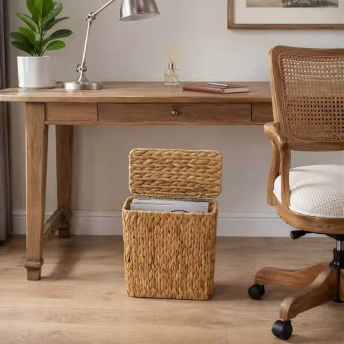 3 Gallon Wicker Trash Can,Small Bathroom Trash Can with Lid,Natural Water Hyacinth Wicker Waste Basket for Bedroom,Toilet,Narrow Garbage Can with Removable Liner