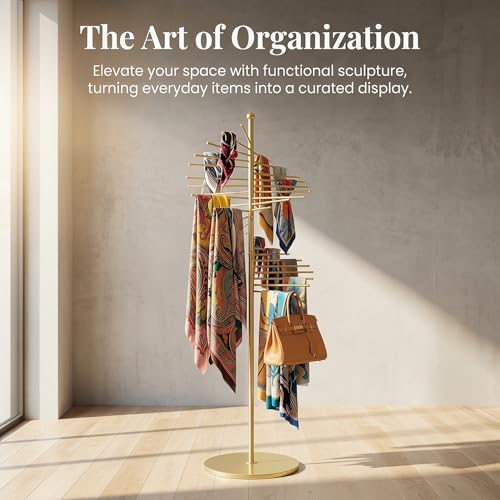 67" Freestanding Spiral Scarf Organizer - 30 Rods Metal Holder, Space Saving Hijab/Belt/Pants Rack for Closet, Clothing Store & Home