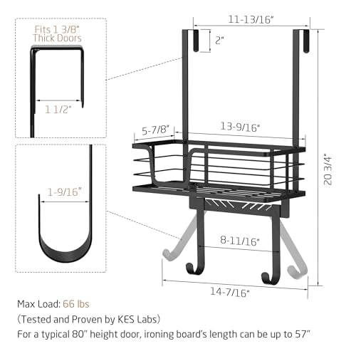 KES Over The Door Ironing Board Holder, Ironing Board Hanger Door Mount with Storage Shelf Y and T Shaped Fits for 1 3/8 Doors Matte Black, HIR501A-BK