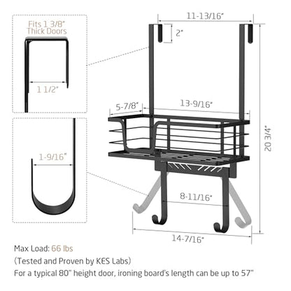 KES Over The Door Ironing Board Holder, Ironing Board Hanger Door Mount with Storage Shelf Y and T Shaped Fits for 1 3/8 Doors Matte Black, HIR501A-BK