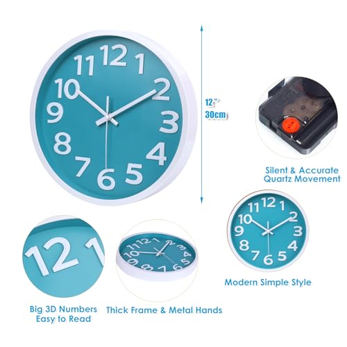Crosstime Wall Clock Silent Non Ticking Indoor Outdoor Clock Battery Operated Easy to Read Analog Decorative Clocks for Bedroom Office Home Patio Pool Porch Decor,12 Inch Aqua