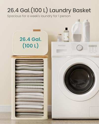 SONGMICS Laundry Hamper, Laundry Basket with Lid, Foldable Storage Basket, Bamboo Frame, for Bedroom, Living Room, Oxford Fabric, 26.4 Gal. (100 L), Cream White ULCB518WD01