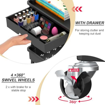 Goovilla 3 Tier Rolling Utility Cart Organizer with Removable Drawer, Black | Stable and Sturdy Rolling Storage Carts with 2 Lockable Wheels for Bathroom, Kitchen, Snack, Craft, Makeup, Baby Essentials