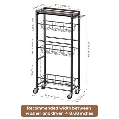 4 Tier Slim Rolling Storage Cart with Pull-Out Baskets, Narrow Sliding Storage Slim Laundry Rolling Cart Between Washer and Dryer