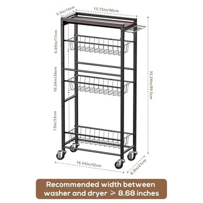 4 Tier Slim Rolling Storage Cart with Pull-Out Baskets, Narrow Sliding Storage Slim Laundry Rolling Cart Between Washer and Dryer
