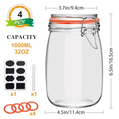 32 oz Wide Mouth Mason Jars with Airtight Hinged Lids, Large Glass Jar with Lid for Pickling, Fermentation, Canning, Food Storage – Set of 4 Glass Storage Containers