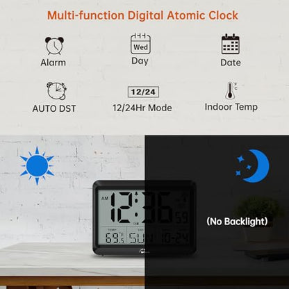 Self-Setting Atomic Digital Wall Clock with Auto DST | Battery Operated, Large Display with Temperature, Date and Day, 4 Time Zones, Wall Mount/Desktop Clock for Classroom, Office