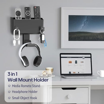 Adhesive Remote Control Holder Wall Mount with Headset Hanger, 3 in 1 Organizer TV/Fan Remote Caddy with Hook for Headphone, No Drill Controller Storage Bracket, Bed Wall Rack