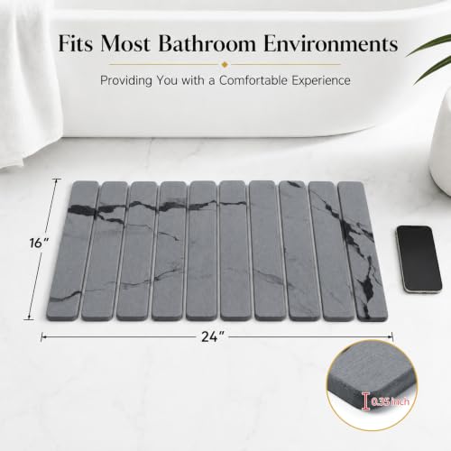 Foldable Stone Bath Mat, Non Slip Large Diatomaceous Shower Mat, Super Absorbent Quick Drying Stone Mat for Bathroom Kitchen Floor Counter Sink,Easy to Clean & Store (Dark Gray 24"×16")