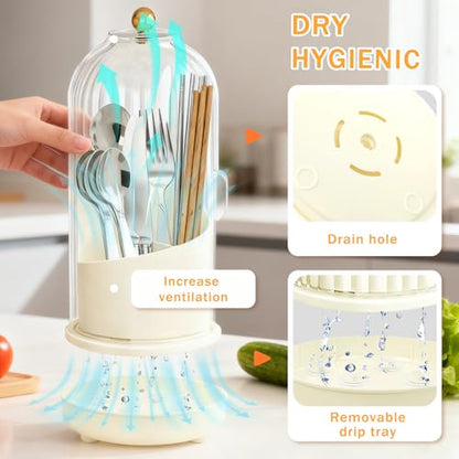Kitchen Utensil Holder with Sliding Lid and Draini... (White | Plastic)