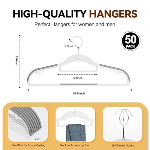 Plastic Stackable Hangers 50 Pack, 360° Swivel Hook, Gray | Non Slip Rubber Strips, Slim Space Saving, Cascading Vertical Storage, Notched Design, Tie Bar, for Coat Suit Shirt Dress