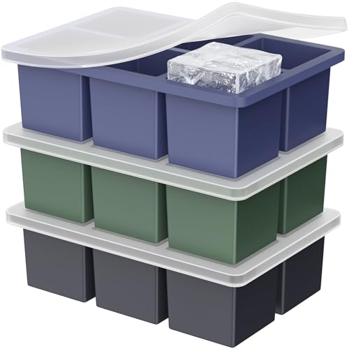 Large Ice Cube Tray for Whiskey: 2" Big Silicone Ice Tray with Lid for Whisky - 3Pack Old Fashioned Ice Cube Trays for Cocktail - Huge Square Cubed Bourbon Ice Cube Maker