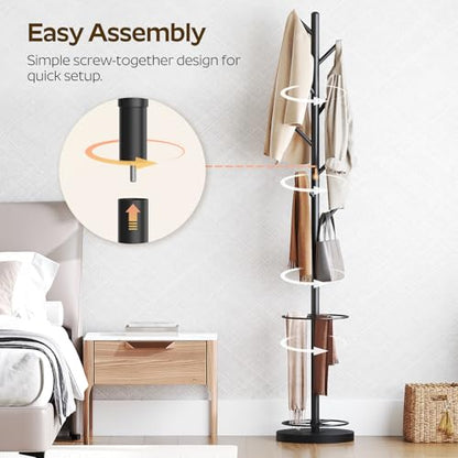 Coat Rack Freestanding with Umbrella Holder, Coat Rack Stand with 8 Hooks, Heavy Duty Coat Tree for Entryway, Modern Clothing Rack, Metal Coat Hanger Stand for Bedroom, Office, Black YM03BB