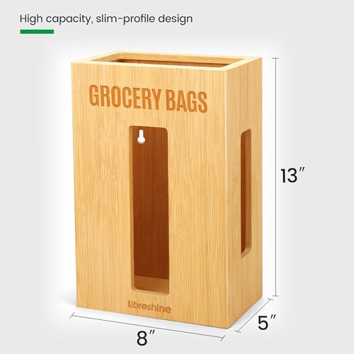 Extra Large Bamboo Grocery Bag Holder for Plastic Bags | Open-top plastic bag holder with front and side access for countertop, cabinet, or wall-mounted storage. 8 x 5 x 13 in.