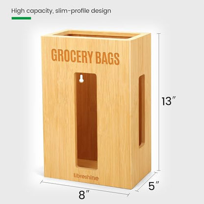 Extra Large Bamboo Grocery Bag Holder for Plastic Bags | Open-top plastic bag holder with front and side access for countertop, cabinet, or wall-mounted storage. 8 x 5 x 13 in.
