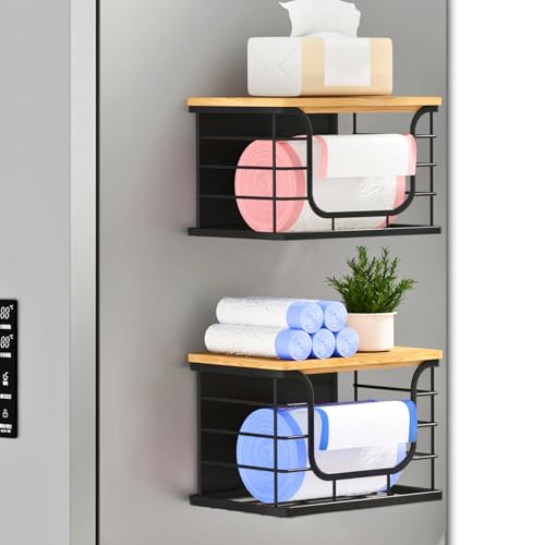 Magnetic Shelf for Fridge Trash Bag Organizer, 2 Pack, Black | Stackable Garbage Bag Holder, Bamboo Lid, Magnetic Storage Bin, For Refrigerator, Under Sink, Kitchen, Pantry