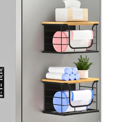 Magnetic Shelf for Fridge Trash Bag Organizer, 2 Pack, Black | Stackable Garbage Bag Holder, Bamboo Lid, Magnetic Storage Bin, For Refrigerator, Under Sink, Kitchen, Pantry