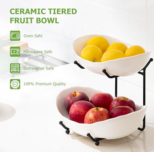 HBlife Fruit Bowl for Kitchen Counter - 2 Tier Ceramic Fruit Rack, Fruit Basket for Fresh Fruit&Veggies, Tiered Fruit Platter Serving Trays for Party
