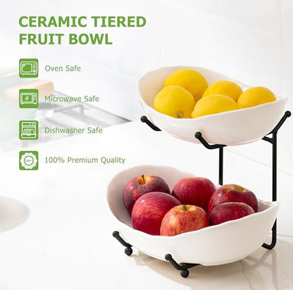 HBlife Fruit Bowl for Kitchen Counter - 2 Tier Ceramic Fruit Rack, Fruit Basket for Fresh Fruit&Veggies, Tiered Fruit Platter Serving Trays for Party