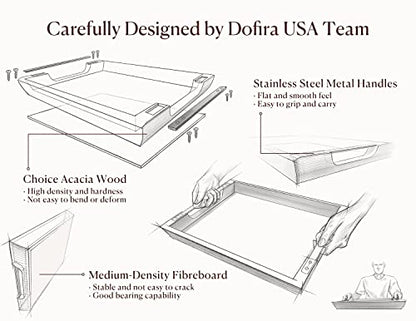 Acacia Wood Serving Tray with Metal Handle, 17x13in Tray for Ottoman | Decorative Food & Drink Tray for Coffee Table, Breakfast, Dinner, BBQ, Party, Lap, Couch, Rustic Home Decor, Elegant Gift Box