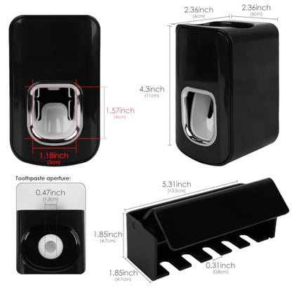 5 Slots Wall Mount Toothbrush Holder with Cover, Self Adhesive Toothbrush Storage Organizer for Shower, Toothbrush Hanger with Automatic Toothpaste Squeezer Dispenser(Black)