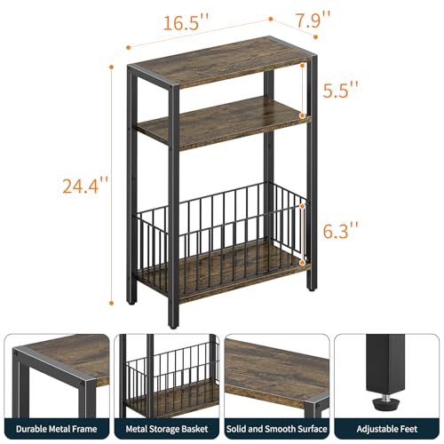Yoobure Narrow Side Table with Storage Basket, Small End Table for Small Spaces Skinny Side Tables Living Room Bedroom, Slim Nightstand 3 Tier Bedside Table Space-Saving for Magazine, Rustic Brown