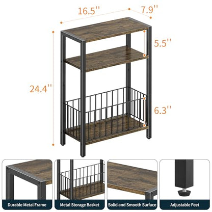 Yoobure Narrow Side Table with Storage Basket, Small End Table for Small Spaces Skinny Side Tables Living Room Bedroom, Slim Nightstand 3 Tier Bedside Table Space-Saving for Magazine, Rustic Brown