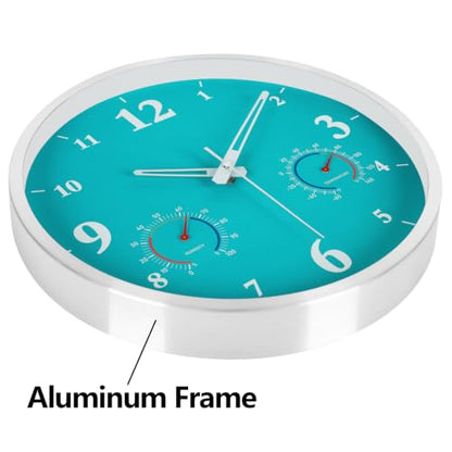 Outdoor Clock Waterproof with Thermometer and Hygrometer Combo 12 Inch Blue | Outdoor Metal Aluminum Frame Wall Decor Garden Patio Pool