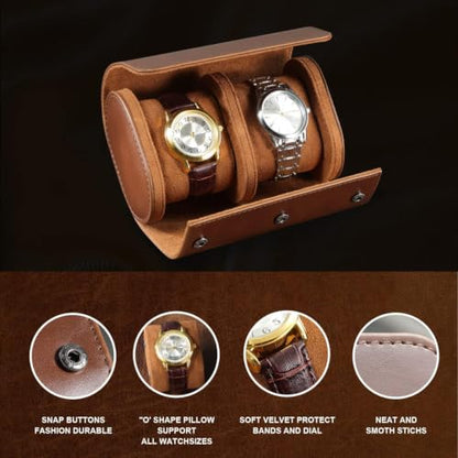 Watch Roll Travel Case for Men and Women- 2 Watch Storage and Organizer | Secure Storage with Innovative Removable Pillows & Solid Dividers for Home, Travel and Display (Brown-2 Slot)