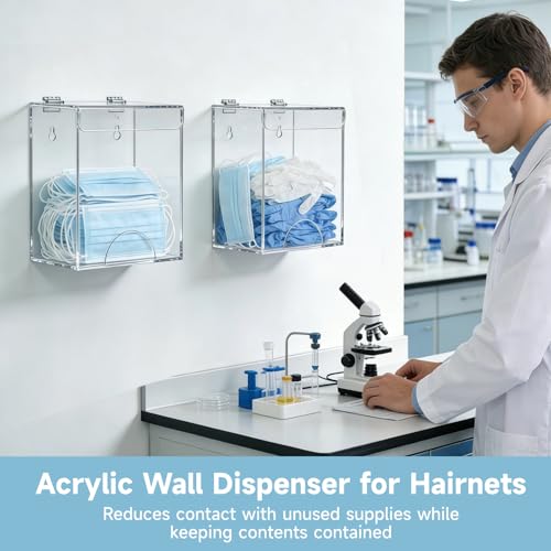 2 PCS Acrylic Hairnet Wall Dispenser, Clear Acrylic Wall Holder with Clamshell Lid and Bottom Access for Gloves Masks Shoe Covers, Desktop or Wall Mounted Disposable Supply Organizer