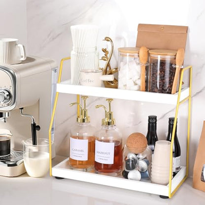 DWTS Coffee Bar Accessories,Coffee Station Organizer with Multi-Functional,CoffeeBar Decor for Accessories,2 Tier Wooden Shelf Gold Metal Station Organizer for Countertop,Syrup